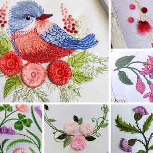 K&ouml;nnte beinhalten: Stickereien mit einem blauen Vogel mit roter Brust, rosa Blumen, einer Ballerina, einer Fuchsie und einer gr&uuml;nen Pflanze mit lila Bl&uuml;ten.