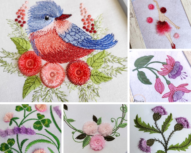 K&ouml;nnte beinhalten: Stickereien mit einem blauen Vogel mit roter Brust, rosa Blumen, einer Ballerina, einer Fuchsie und einer gr&uuml;nen Pflanze mit lila Bl&uuml;ten.