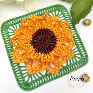 Può includere: Un quadrato all'uncinetto a forma di girasole con un bordo verde. Il girasole è realizzato con filato giallo e marrone. Il bordo è realizzato con filato verde.
