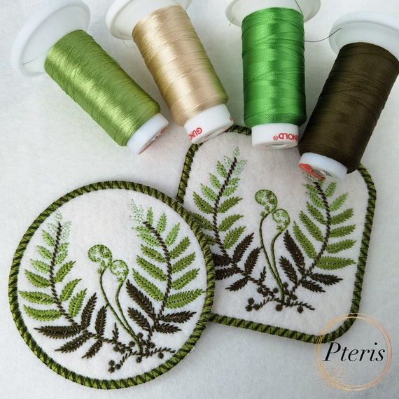 Fern Leaves Embroidery Design: Mug Rug & Coaster (4x4, 5x7 Hoop)
