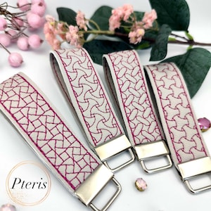 May include: Four key fobs with a light gray background and a geometric pattern embroidered in a deep pink color. Each fob has a silver-colored metal clasp. The word "Pteris" is in the lower left corner.