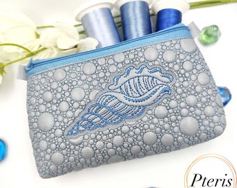 ITH Quilted Seashell Pouch Embroidery Design, Zipper Cosmetic Bag 5x7, 6x10, 7x12 hoop