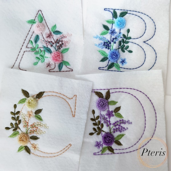 Police de caractère à broder à la machine avec monogramme de fleurs duveteuses et franges - 26 lettres majuscules, taille unique