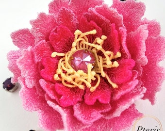 Peony 3D FSL Embroidery Design: Floral Hairpin, Brooch (4x4 Hoop)
