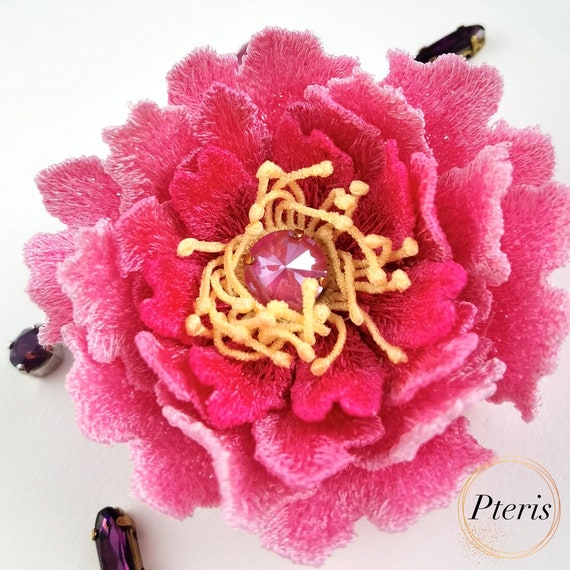 Peony 3D FSL Embroidery Design: Floral Hairpin, Brooch (4x4 Hoop)