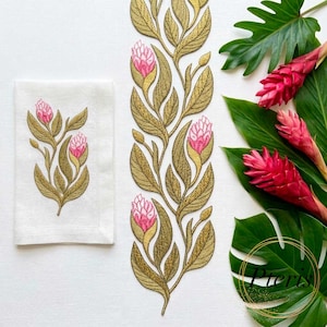 Endlos-Bordüre mit Ingwerblüte | Durchgehende Blumenbordüre | Botanisches Stickmuster, tropische Blumenbordüre