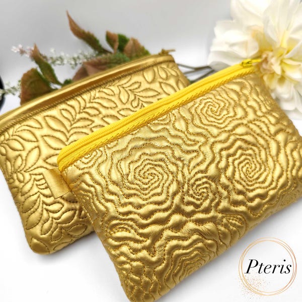 Diseño de bordado para neceser de maquillaje acolchado floral ITH, proyecto de estuche con cremallera totalmente forrado