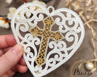 Small FSL Heart Cross Machine Embroidery Design for 4x4 Hoop, Lace Cross Ornament Pattern, Baptism Gift, Memorial Heart File