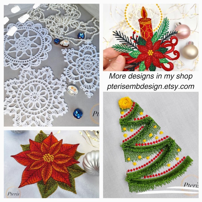 Puede incluir: Un collage de dise&ntilde;os bordados con tem&aacute;tica navide&ntilde;a. Incluye copos de nieve de encaje blanco, una flor de pascua roja, un &aacute;rbol de Navidad y una vela con acebo. Texto: "More designs in my shop pterisembdesign.etsy.com".