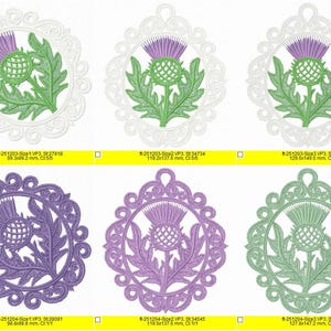 Puede incluir: Seis dise&ntilde;os de bordados de cardos en varios colores, incluyendo morado, verde y blanco, cada uno enmarcado por un borde decorativo. Los dise&ntilde;os se muestran sobre un fondo blanco. Las dimensiones de los dise&ntilde;os se indican en mil&iacute;metros.