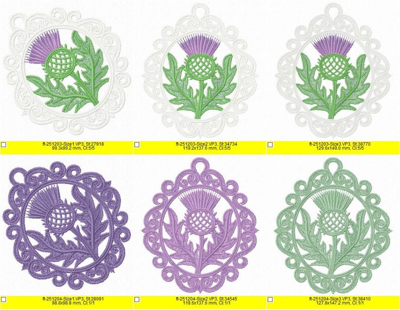 Puede incluir: Seis dise&ntilde;os de bordados de cardos en varios colores, incluyendo morado, verde y blanco, cada uno enmarcado por un borde decorativo. Los dise&ntilde;os se muestran sobre un fondo blanco. Las dimensiones de los dise&ntilde;os se indican en mil&iacute;metros.