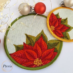 Christmas Poinsettia Cup Coaster ITH Machine Embroidery Design - Winter Home Decor Embellishment - 4 Sizes, 4x4', 5x7', 6x10' hoop