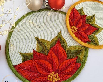 Christmas Poinsettia Cup Coaster: ITH Machine Embroidery Design (4 Sizes)