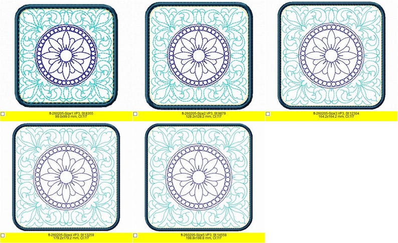 May include: A collection of five square embroidered patches. Each patch features a central floral design within a circular border, surrounded by ornate teal and navy blue filigree. The patches are of varying sizes.