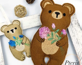Bear with Fringe Flowers ITH Machine Embroidery Design  (4x4, 5x7, 6x10 Hoops)