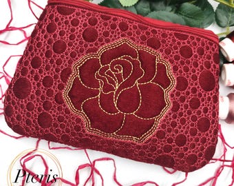 Quilted Rose Zipper Pouch Embroidery Design: In-the-Hoop Lined Bag (Digital Download)