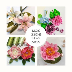 Puede incluir: Un collage de cuatro dise&ntilde;os de flores bordadas. La imagen superior izquierda muestra un lirio rosa y blanco. La imagen superior derecha muestra una hortensia rosa, morada y azul. La imagen inferior izquierda muestra dos flores rosas con hojas verdes. La imagen inferior derecha muestra un nen&uacute;far rosa con hojas verdes. El texto "MORE DESIGNS IN MY STORE" est&aacute; en el centro del collage.