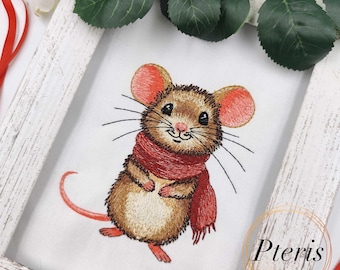 Mouse with Scarf Embroidery Design, Small Animal Embroidery Patterny - 3 sizes 4x4, 5x7 hoop
