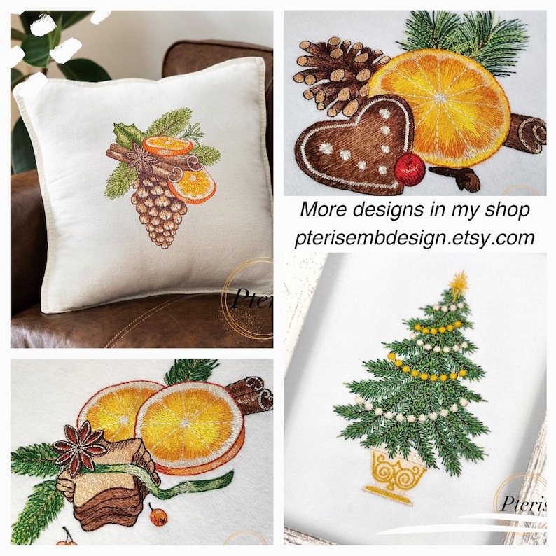 Puede incluir: Dise&ntilde;os bordados con motivos navide&ntilde;os. Incluye un coj&iacute;n con un dise&ntilde;o de pi&ntilde;a y rodaja de naranja, un coraz&oacute;n de pan de jengibre y un &aacute;rbol de Navidad. Tambi&eacute;n se ve el texto "More designs in my shop pterisembdesign.etsy.com".