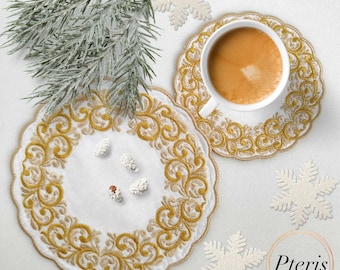 Elegant Cup Coaster Machine Embroidery Design -ITH 6 Sizes - Mug Rug - Round Doily