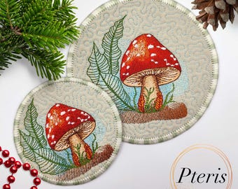 Fly Agaric Embroidery Design: Mushroom Mug Rug, Plates (Digital Download)
