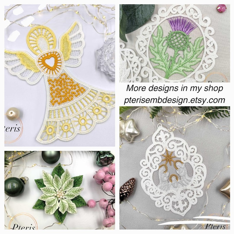 Puede incluir: Un collage de adornos navide&ntilde;os de encaje blanco y amarillo. Los adornos incluyen un &aacute;ngel, un cardo, una flor de pascua y un nacimiento. Tambi&eacute;n es visible el texto "More designs in my shop pterisembdesign.etsy.com".