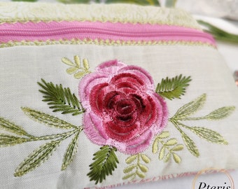 Rose Flower Chenille Makeup Bag Embroidery Design: Lined Zipper Pouch (Digital Download)