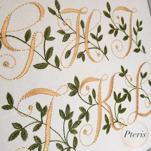 Antique monogram machine embroidery font alphabet 26 capital letters two color with fancy vine floral elements