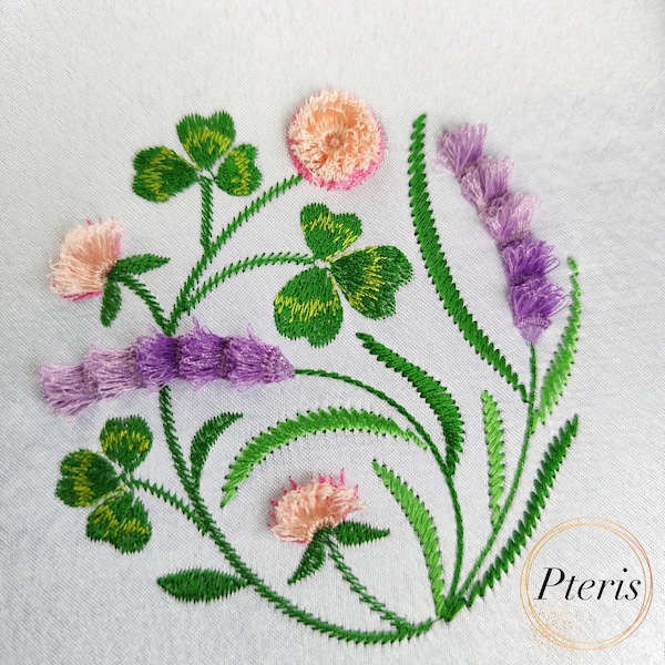 Lavender and Clover Flower Fluffy Fringed Chenille Machine Embroidery 3 sizes design 4x4, 5x5, 5x7 hoop