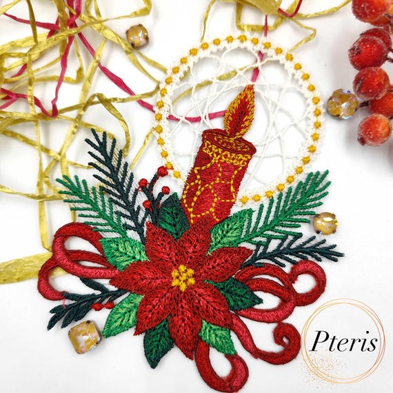 Christmas Candle FSL Embroidery Design: Lace Ornament 4x4, 5x7 Hoops