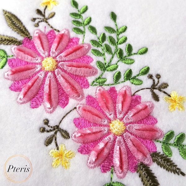 Daisy Gerbera Flower Motif de broderie machine duveteux à franges en velours - 4 tailles | Motif floral à franges de gerbera et d'herbes aromatiques