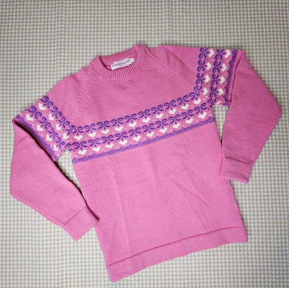 Vintage Vermont Originals Hand Knit Wool Fair Isle Pink Hearts