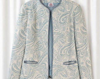 Bleyle vintage en laine vierge bleue à motif cachemire et bordure tressée, style blazer classique chic