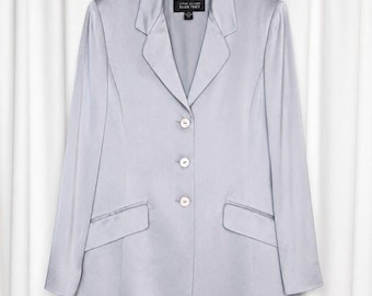 Vintage Linda Allard Ellen Tracy Icy Lavender Dove Gray Satin Longline Blazer