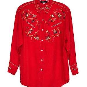 ABS California Vintage Red Floral Embroidered Snap Button Front Western Blouse