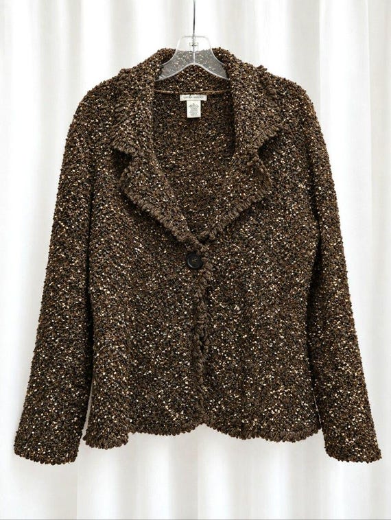 Laura Ashley, Laura Ashley 90s Speckled Chunky Knit Brown & Gray Fringe Trim Cardigan Sweater
