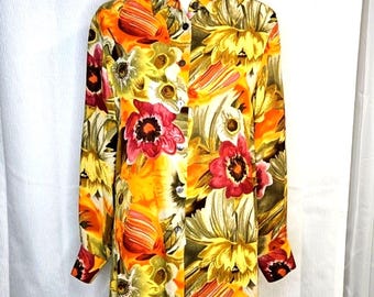 Paolo Santini Vintage lange tuniekblouse met kleurrijke bloemen en knopen aan de voorkant