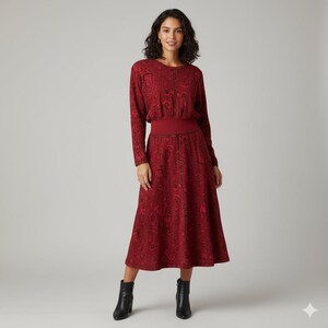 Christian de Castelnau Vintage 80s Red Drop Waist Cotton Knit Midi Length Dress SZ Medium