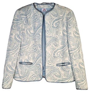 Bleyle Klassische Vintage Blaue Paisley Kontrast Trim Wolle Offene Front Jacke