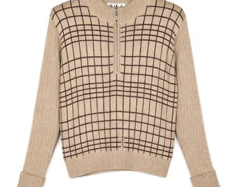 Talk of the Walk Atlantic City Vintage Warm Tan Brown Grid Print 1/4 Zip Sweater