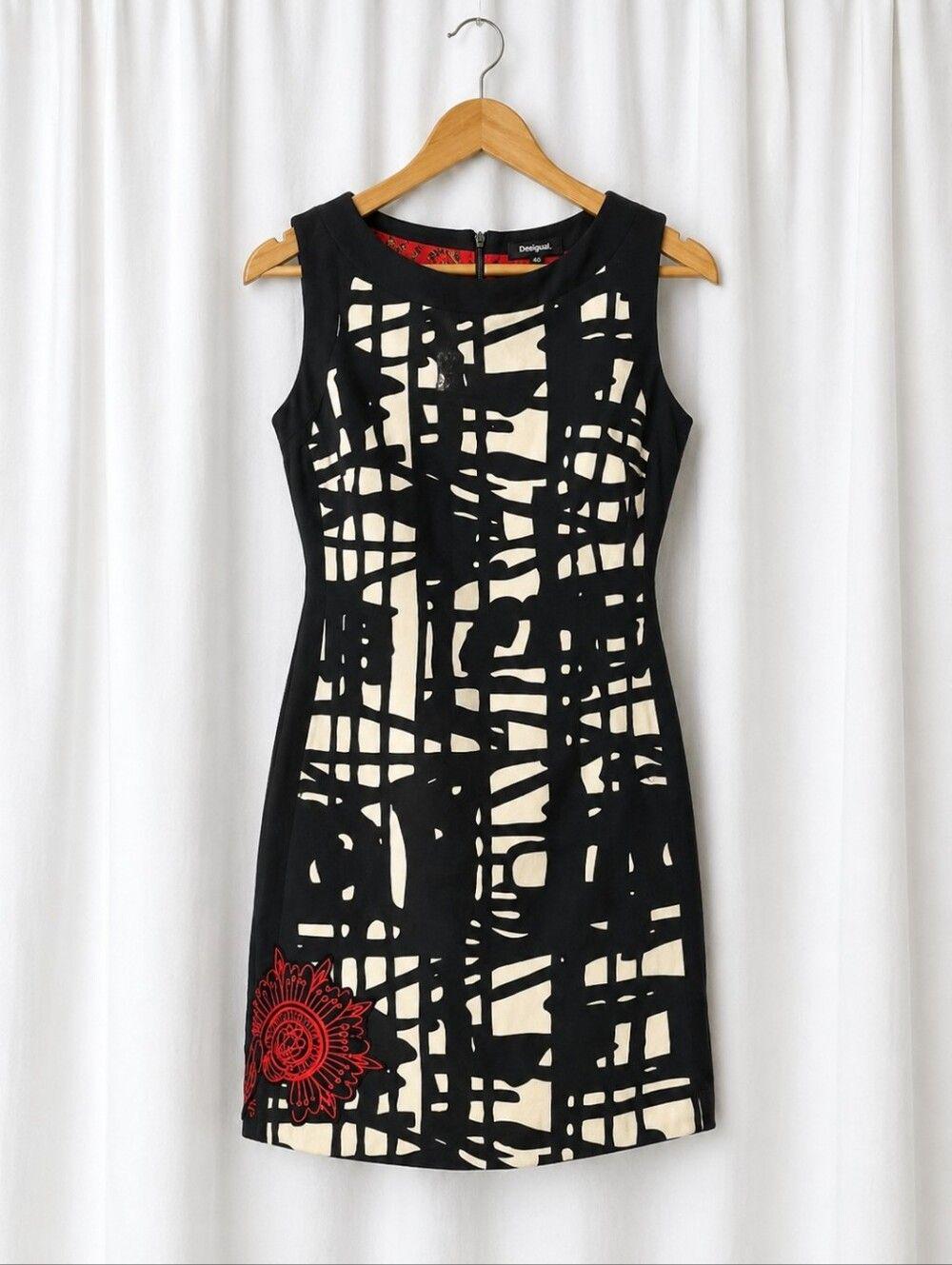 Desigual Black Creamy White Abstract Print Red Accents Sleeveless Sheath Dress