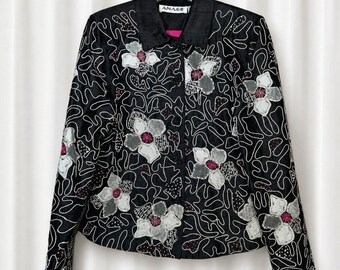 Anage Vintage Black Silk Beaded Embroidered Floral Cropped Statement Jacket