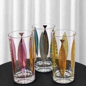 Vintage ikoniska Fred Press signerade fiskar med gulddetaljer MCM Highballglas, set om 3
