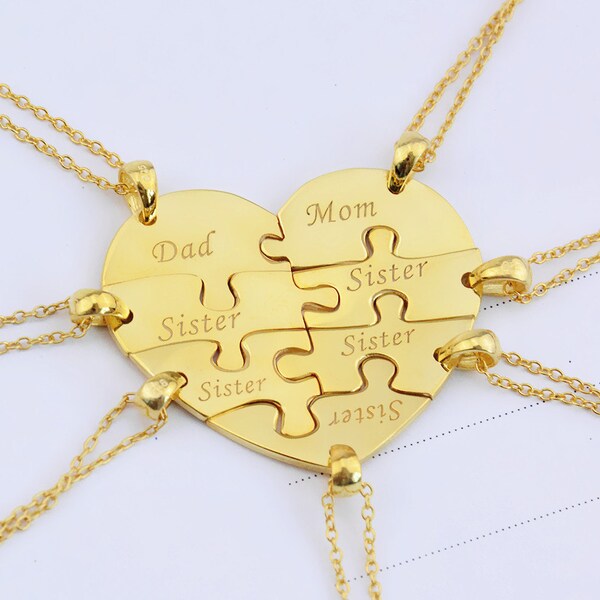 Heart Puzzle Necklace,Family Necklace,7 pieces puzzle Necklace,Heart Pendant Necklace,Name Necklace,Engraved Necklace,Memorial Necklace N019