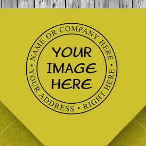 May include: A yellow envelope with a black circle stamp. The stamp says "Name or Company Here", "Your Image Here", and "Your Address - Right Here".