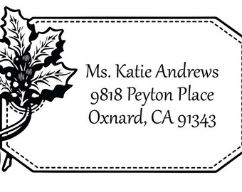 Holiday Card Stamp, Holly Design Emblem, Self-Inking Stamp for Holiday Cards, Custom Rubber Stamp, Traditional Wood Stamp