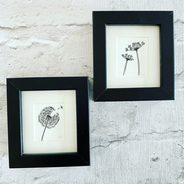 Miniature Framed Original Cow Parsley and Dandelion Watercolour Art, Framed Nature Illustration, Pen Drawing, Flower Painting, Floral