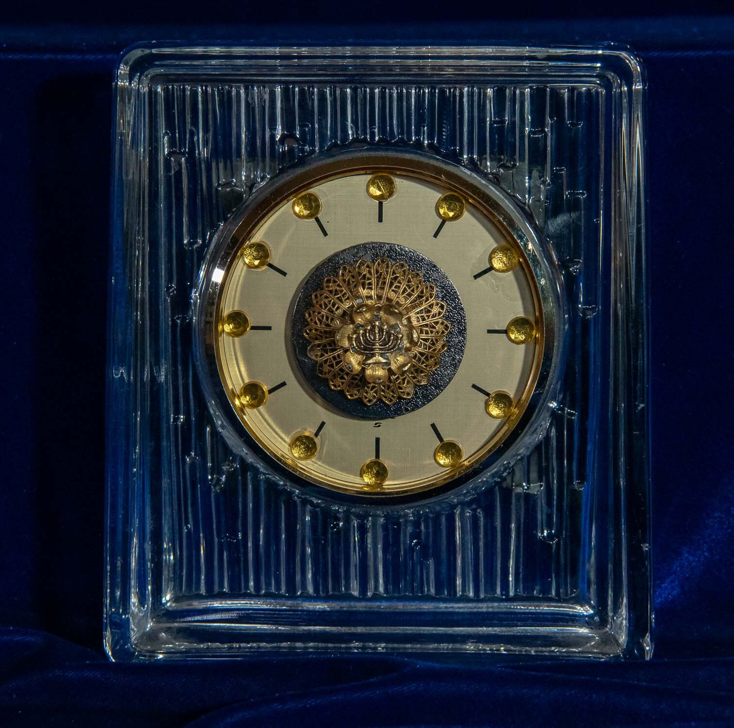 Accent Piece Evokes Shabbat Clock That Rests. Heavy Striated Glass