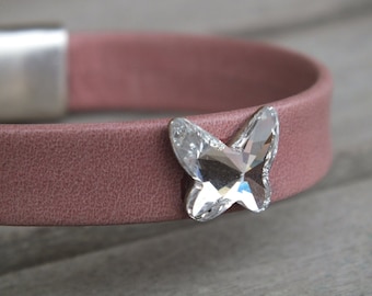 Roze lederen damesarmband met vlinder swarovski kristal en bedels - sieraden - magnetische sluiting - hoogwaardige materialen