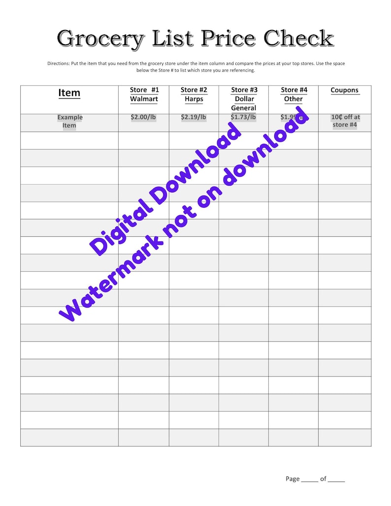 Grocery Price Comparison Printable Multiple Versions Etsy